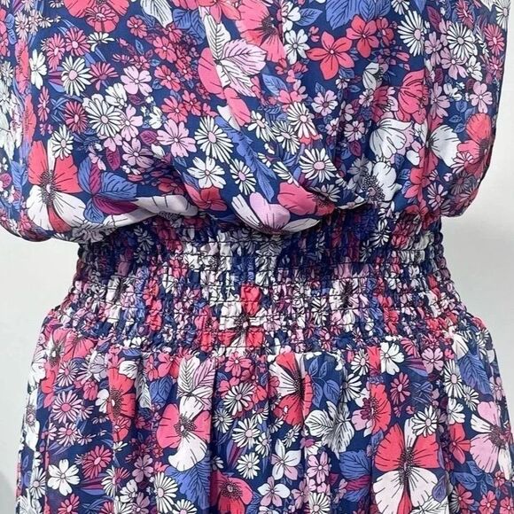 BCBG Paris Chiffon Blue Red Floral Tie Shoulder Sleeveless Midi Dress Size 12 14 - Picture 7 of 9